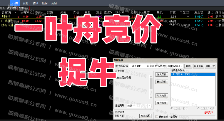 图片[1]智标公式网-提供金钻指标以及精品亲测实战指标公式，汇集各大股市名师高手教程、股市战法交流等.....【一叶舟竞价捉牛】金钻选股指标 竞价标的不可回测 全天信号不变 预警手机电脑通用